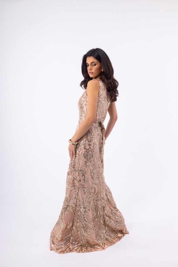 Clothes OPEN FASHION WOMEN’S MAXI DRESS WITH INTRICATE SEQUINS AND ROSE GOLD EMBROIDERY