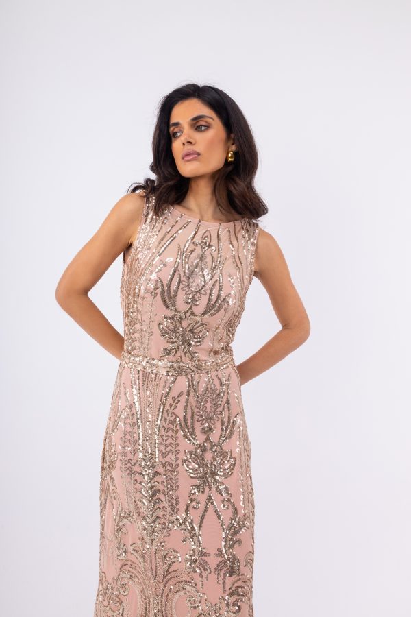 Clothes OPEN FASHION WOMEN’S MAXI DRESS WITH INTRICATE SEQUINS AND ROSE GOLD EMBROIDERY
