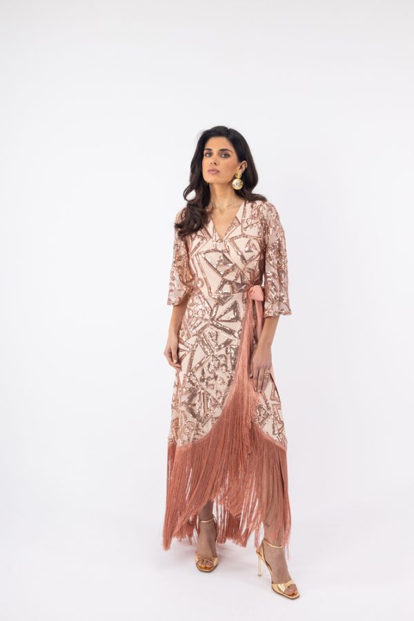 Clothes OPEN FASHION WOMEN’S MAXI DRESS WITH SEQUINS, FRINGES & BELT