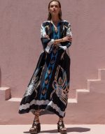 New Collection NEMA LONG SATIN KAFTAN DRESS WITH ETHNIC PATTERNS