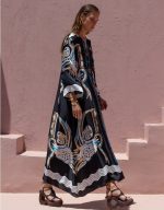 New Collection NEMA LONG SATIN KAFTAN DRESS WITH ETHNIC PATTERNS