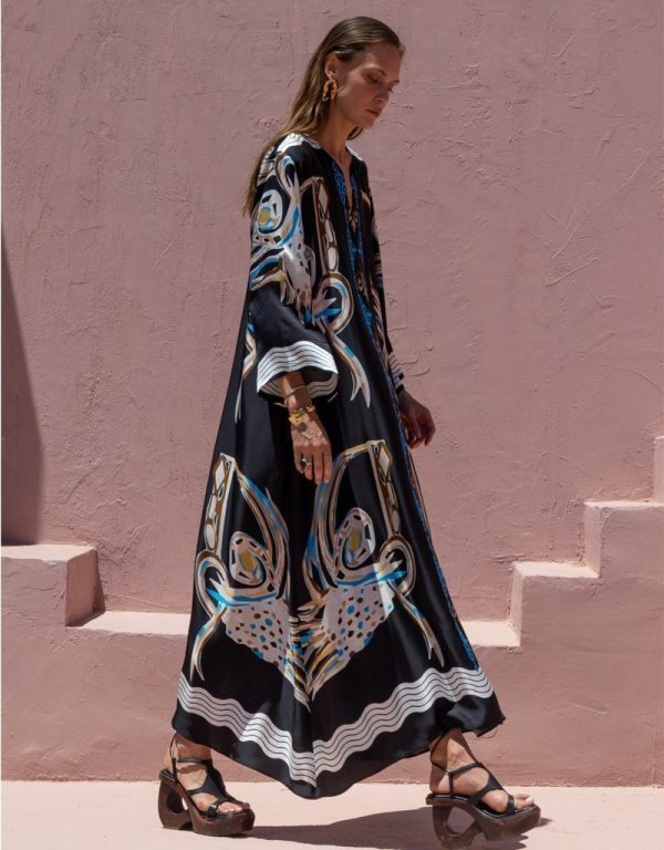 New Collection NEMA LONG SATIN KAFTAN DRESS WITH ETHNIC PATTERNS