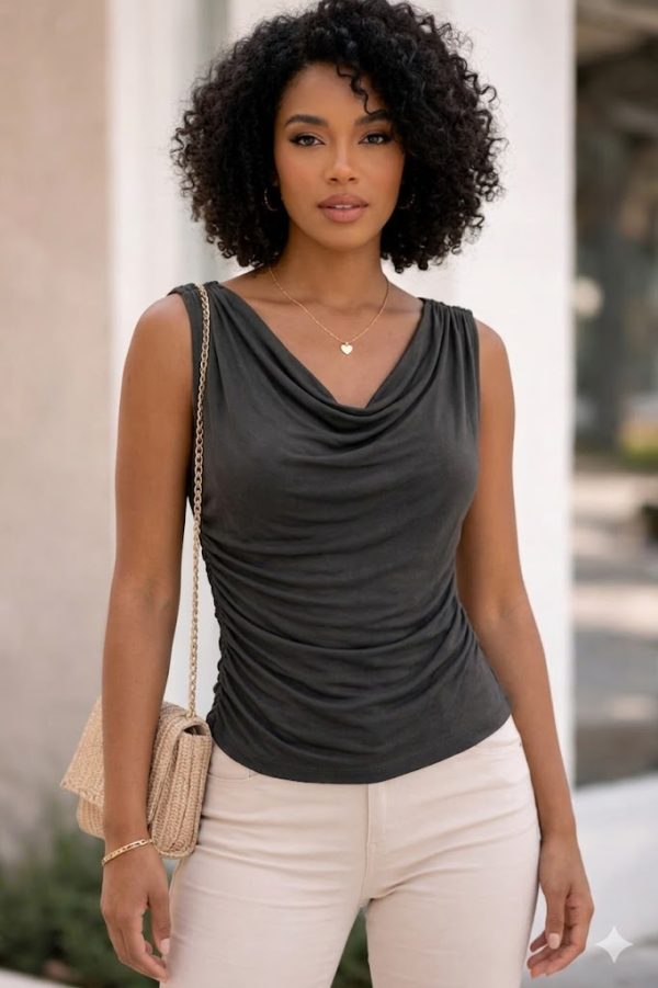 New Collection BLACK & BLACK ELEGANT COWL NECK RACHED TOP