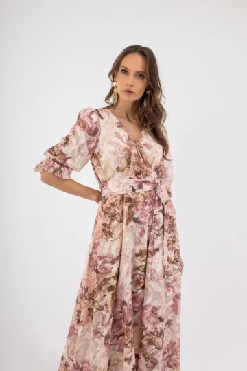 Clothes OPEN FASHION WOMEN’S SALMON FLORAL WRAP MAXI DRESS