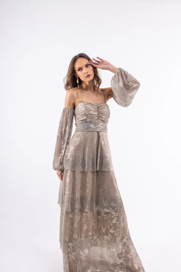 Clothes OPEN FASHION WOMEN’S MAXI DRESS WITH GLITTER, OFF-SHOULDER SLEEVES & THIN STRAPS