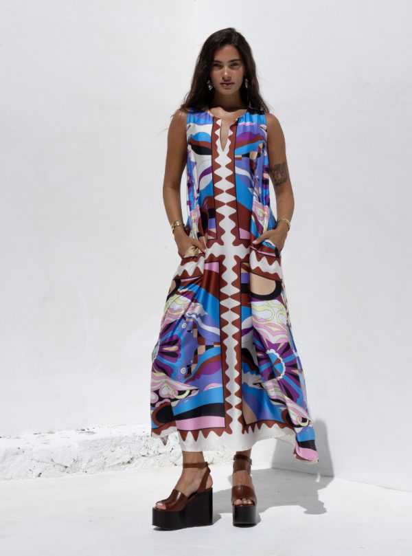 New Collection NEMA RESORT WEAR SATIN SLEEVELESS MAXI DRESS – MULTI ABSTRACT PRINT