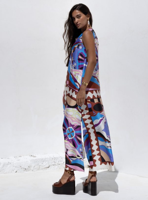 New Collection NEMA RESORT WEAR SATIN SLEEVELESS MAXI DRESS – MULTI ABSTRACT PRINT