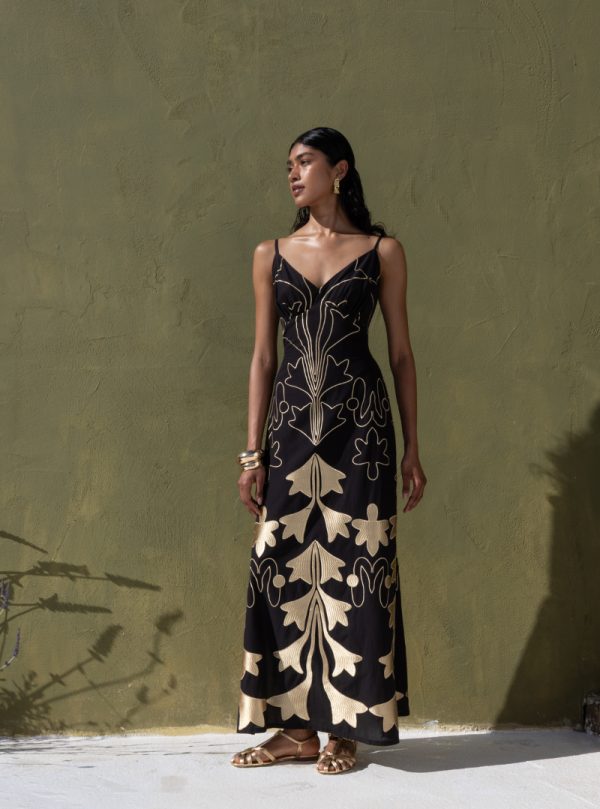 New Collection NEMA BLACK AND GOLD EMBROIDERY DRESS