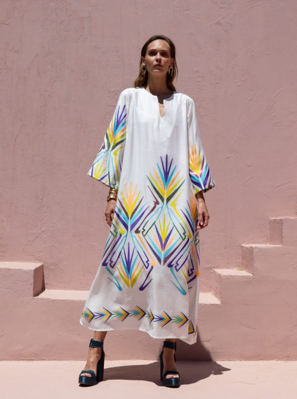 New Collection NEMA WHITE MULTICOLOR EMBROIDERED MAXI DRESS