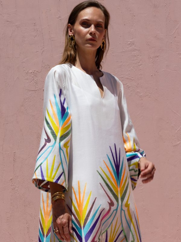 New Collection NEMA WHITE MULTICOLOR EMBROIDERED MAXI DRESS
