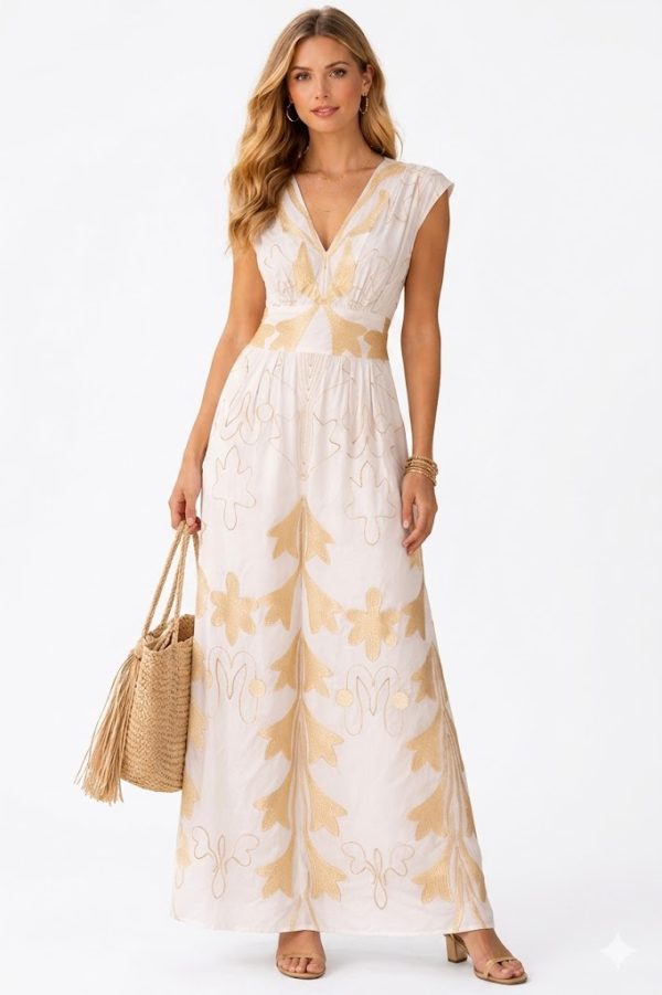 New Collection NEMA GOLDEN EMBROIDERY V – NECK MAXI DRESS IN WHITE