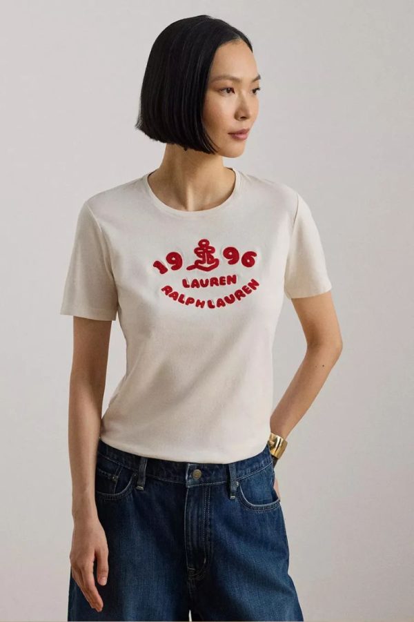 New Collection LAUREN RALPH LAUREN CREAM EMBROIDERED T-SHIRT
