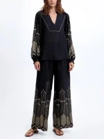 Clothes GREEK ARCHAIC KORI PANTS GRAPE LOOSE DRAWSTRING AND BLOUSE GRAPE WITH V-NECK