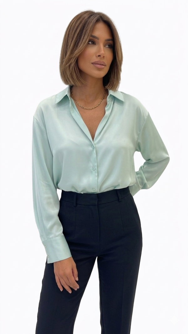 New Collection MY T MINT GREEN SATIN LONG SLEEVE BUTTON – UP SHIRT
