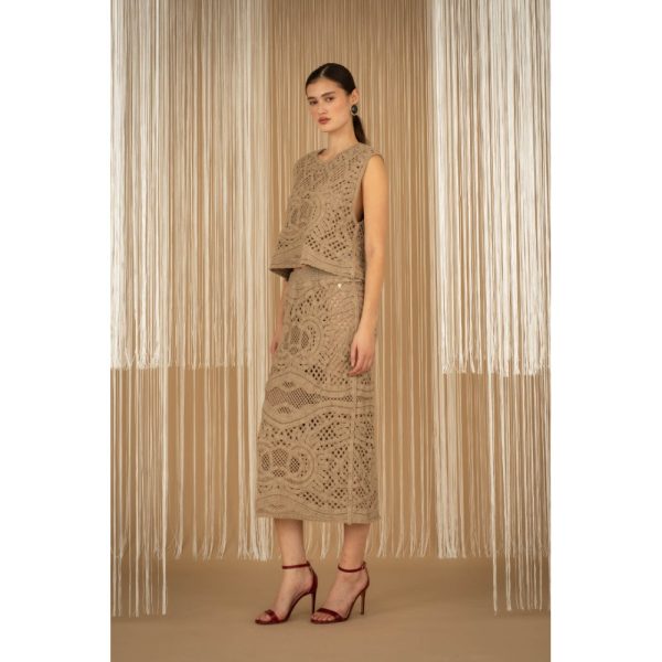 Clothing PHILIA LOFT BEIGE KNITTED MIDI SKIRT WITH TOP BLOUSE