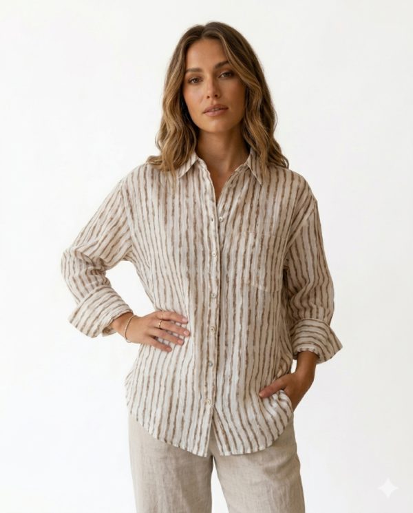 New Collection BLACK & BLACK OVERSIZED BEIGE & BROWN STRIPED LINEN SHIRT 
