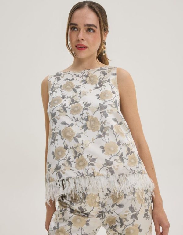 Clothes INNOCENT SLEEVELESS BLOUSE WITH FLORAL PRINT AND FEATHER HEM