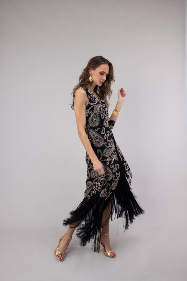 Clothes OPEN FASHION WOMEN’S MIDI DRESS WITH GOLD PAISLEY & FRINGES