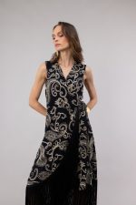 Clothes OPEN FASHION WOMEN’S MIDI DRESS WITH GOLD PAISLEY & FRINGES