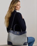New Collection LAUREN RALPH LAUREN HOUNDSTOOTH WOVEN LARGE MARCY SATCHEL