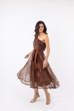 Clothes OPEN FASHION WOMEN’S MIDI ONE-SHOULDER DRESS WITH SEQUINS AND BOW BELT