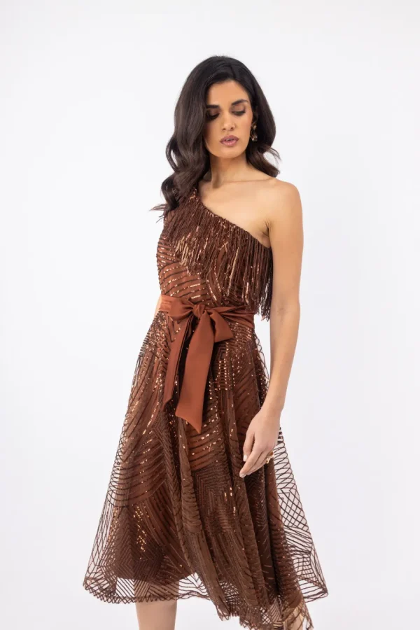 Clothes OPEN FASHION WOMEN’S MIDI ONE-SHOULDER DRESS WITH SEQUINS AND BOW BELT