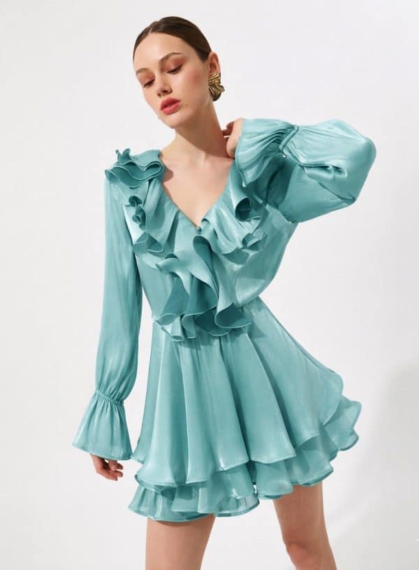 New Collection BE YOU IRIDESCENT CHIFFON RUFFLE MINI DRESS