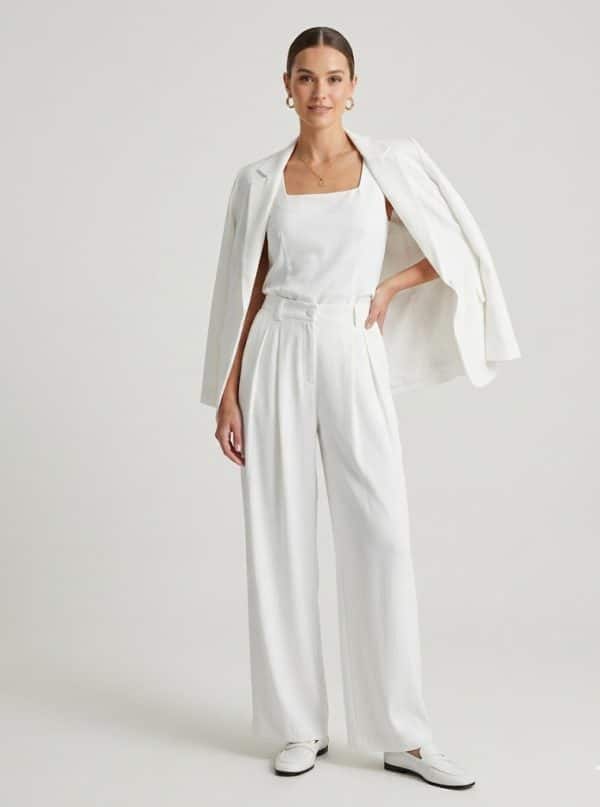New Collection KOURBELA WHITE WIDE LEG PLEATED TAILORED TROUSERS