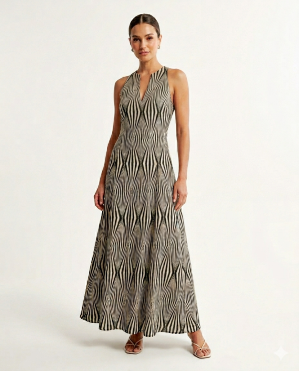 New Collection BLACK & BLACK GEOMETRIC PRINT HALTER MAXI DRESS