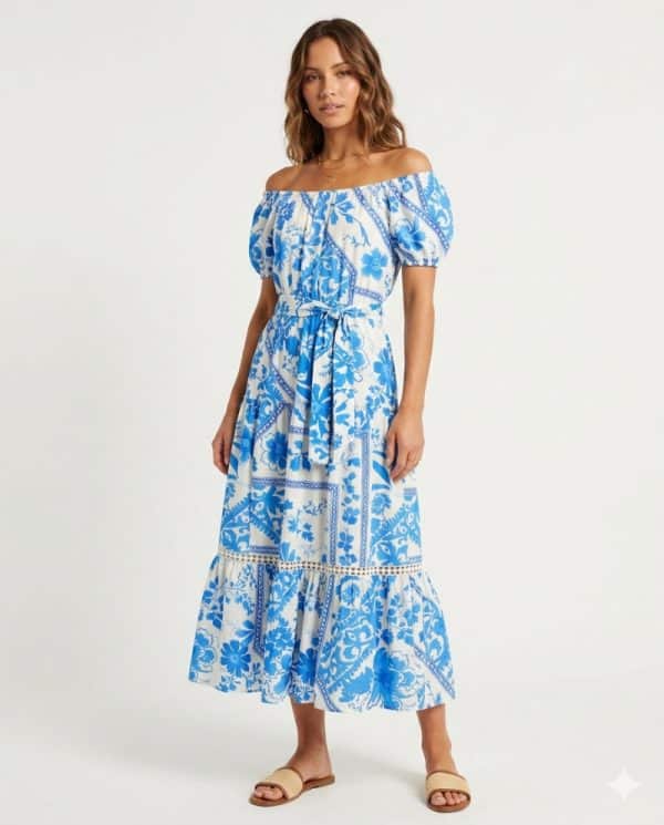 New Collection AUGUST DESIREE BLUE AND WHITE OFF-SHOULDER MAXI