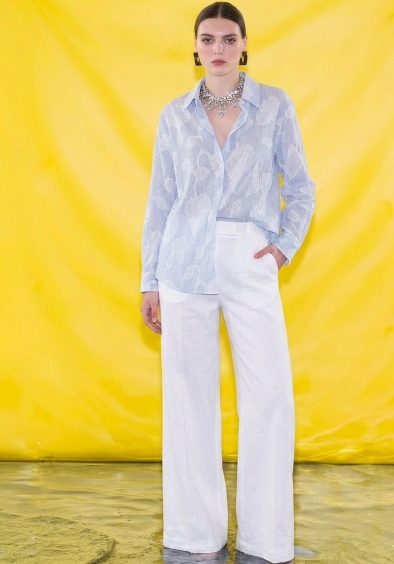 New Collection C. MANOLO SKY BLUE FLORAL JACQUARD BLOUSE New Collection C. MANOLO SKY BLUE FLORAL JACQUARD BLOUSE