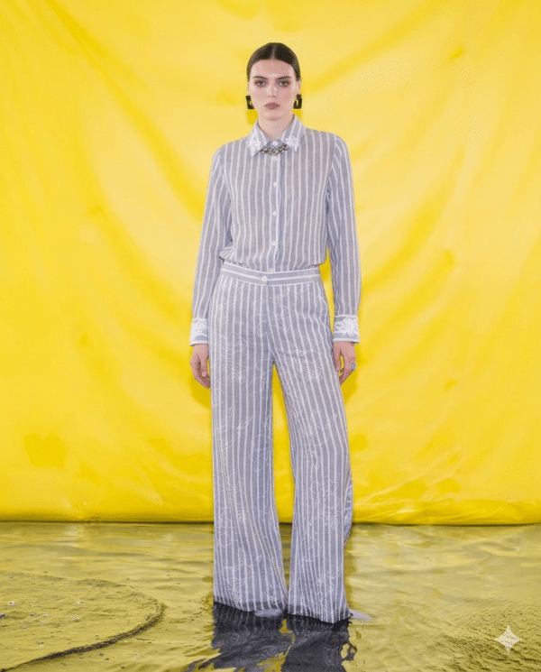 New Collection C. MANOLO GREY STRIPED TROUSERS WITH FLORAL DETAILS
