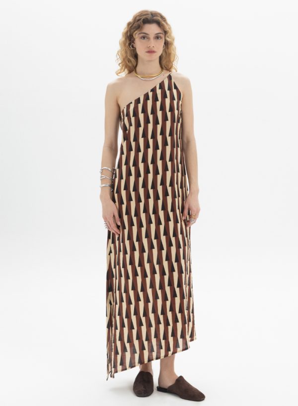 New Collection BLACK & BLACK ASYMMETRIC PRINTED MIDI DRESS