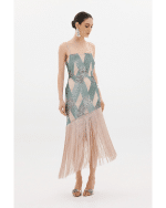 New Collection ANNA SAMOUKA MIDI DRESS SEQUIN GEOMETRIC PATTERN