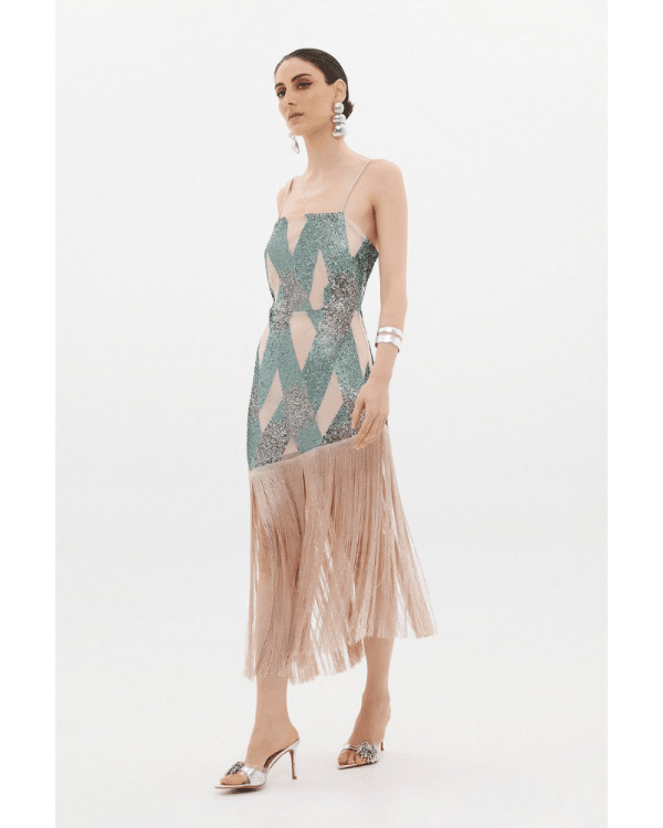 New Collection ANNA SAMOUKA MIDI DRESS SEQUIN GEOMETRIC PATTERN