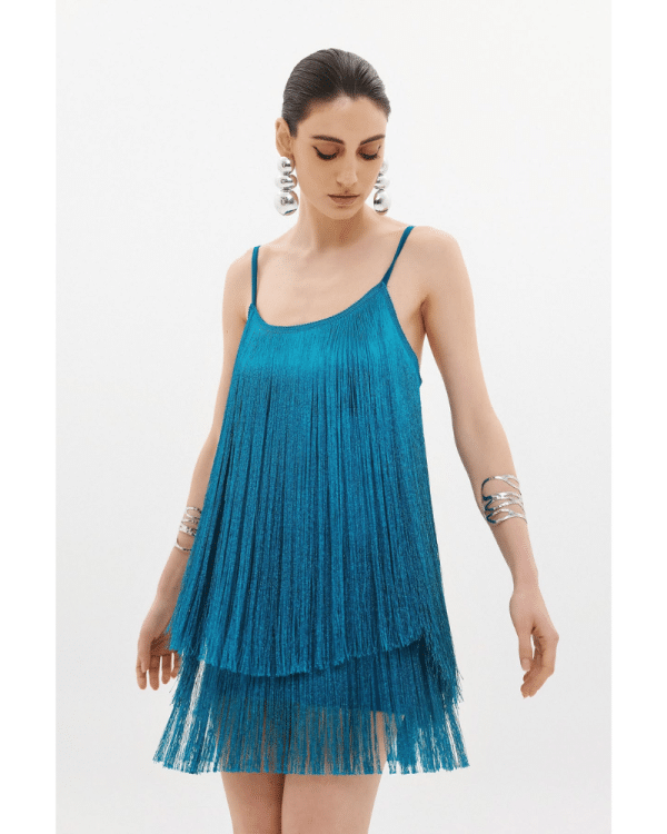 New Collection ANNA SAMOUKA SALSA FRINGE MIDI DRESS PETROL