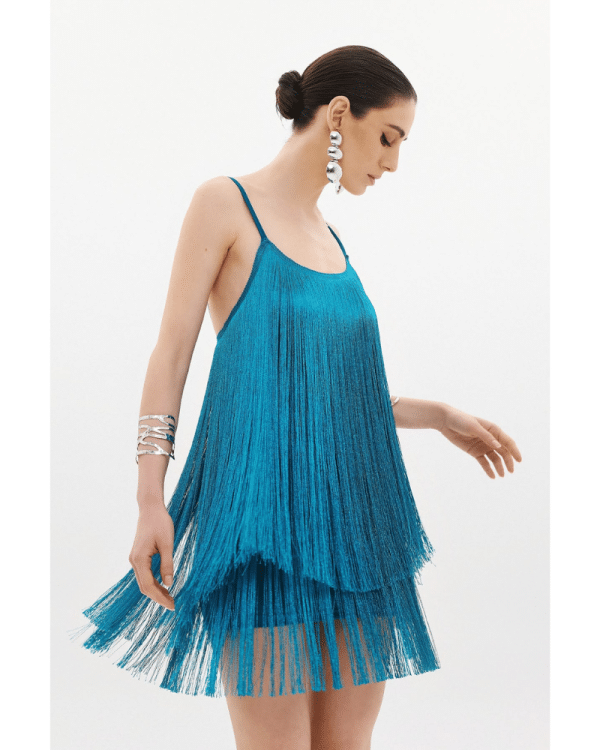 New Collection ANNA SAMOUKA SALSA FRINGE MIDI DRESS PETROL
