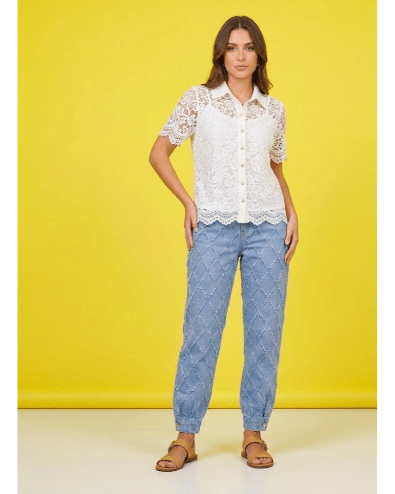 New Collection C.MANOLO HIGH WAISTED WIDE – LEG JEANS WITH DIAMOND PATTERN New Collection C.MANOLO HIGH WAISTED WIDE – LEG JEANS WITH DIAMOND PATTERN