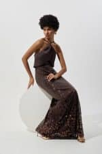 New Collection BE YOU BROWN HALTER NECK SEQUIN MAXI DRESS