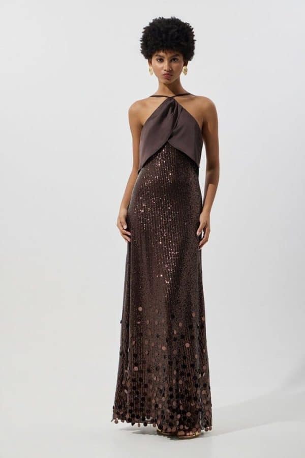 New Collection BE YOU BROWN HALTER NECK SEQUIN MAXI DRESS