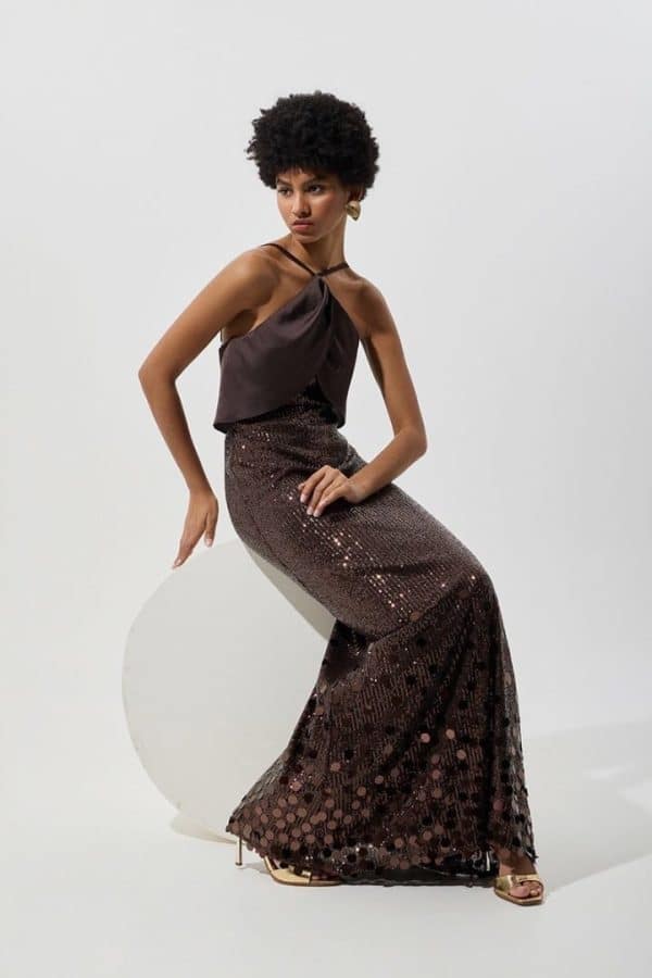 New Collection BE YOU BROWN HALTER NECK SEQUIN MAXI DRESS