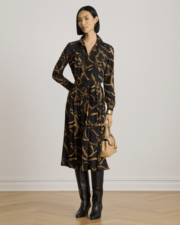 New Collection LAUREN RALPH LAUREN BELTING – PRINT PLEATED CREPE SHIRTDRESS