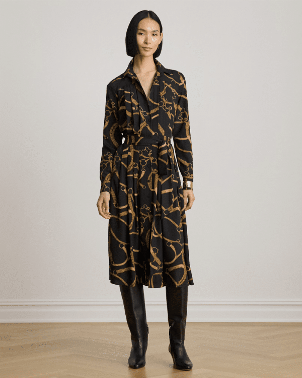 New Collection LAUREN RALPH LAUREN BELTING – PRINT PLEATED CREPE SHIRTDRESS