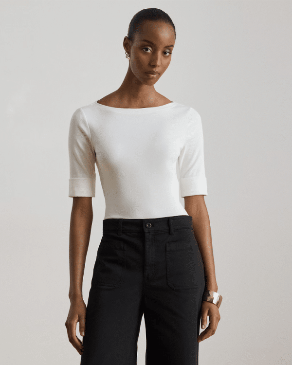 New Collection LAUREN RALPH LAUREN WHITE STRECH COTTON BOATNECH T-SHIRT