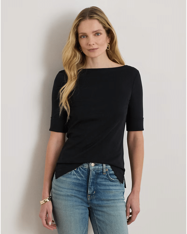 New Collection LAUREN RALPH LAUREN BLACK STRETCH COTTON BOATNECK T-SHIRT