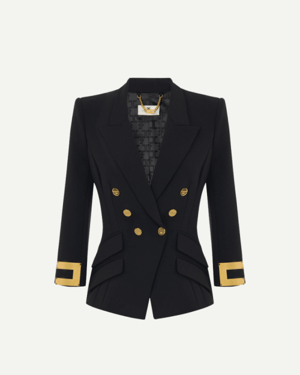 New Collection ELISABETTA FRANCHI BLACK JACKET IN DOUBLE LAYER STRETCH CREPE FABRIC WITH JEWEL LOGO