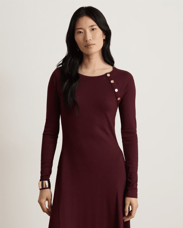 New Collection LAUREN RALPH LAUREN BUTTON-TRIM RIB-KNIT COTTON-BLEND DRESS