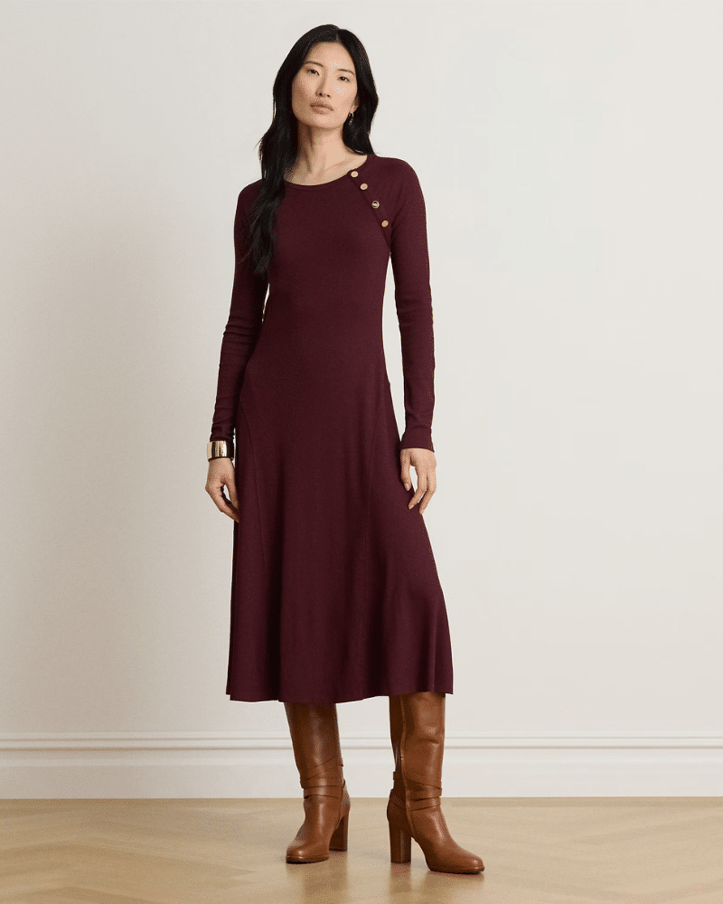 New Collection LAUREN RALPH LAUREN BUTTON-TRIM RIB-KNIT COTTON-BLEND DRESS New Collection LAUREN RALPH LAUREN BUTTON-TRIM RIB-KNIT COTTON-BLEND DRESS