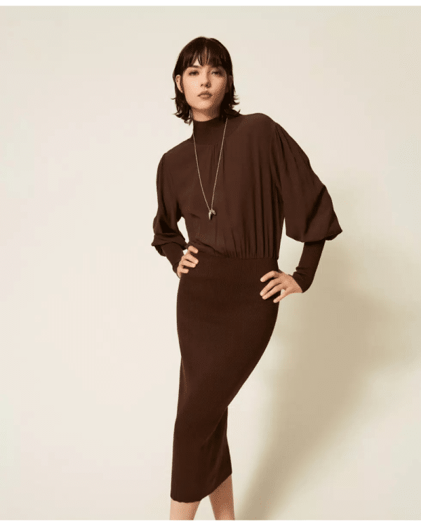 New collection TWEENSET KNIT AND CREPE DE CHINE LONG DRESS