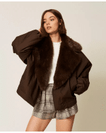 New Collection TWINSET GABARDINE JACKET WITH FAUX FUR COLLAR